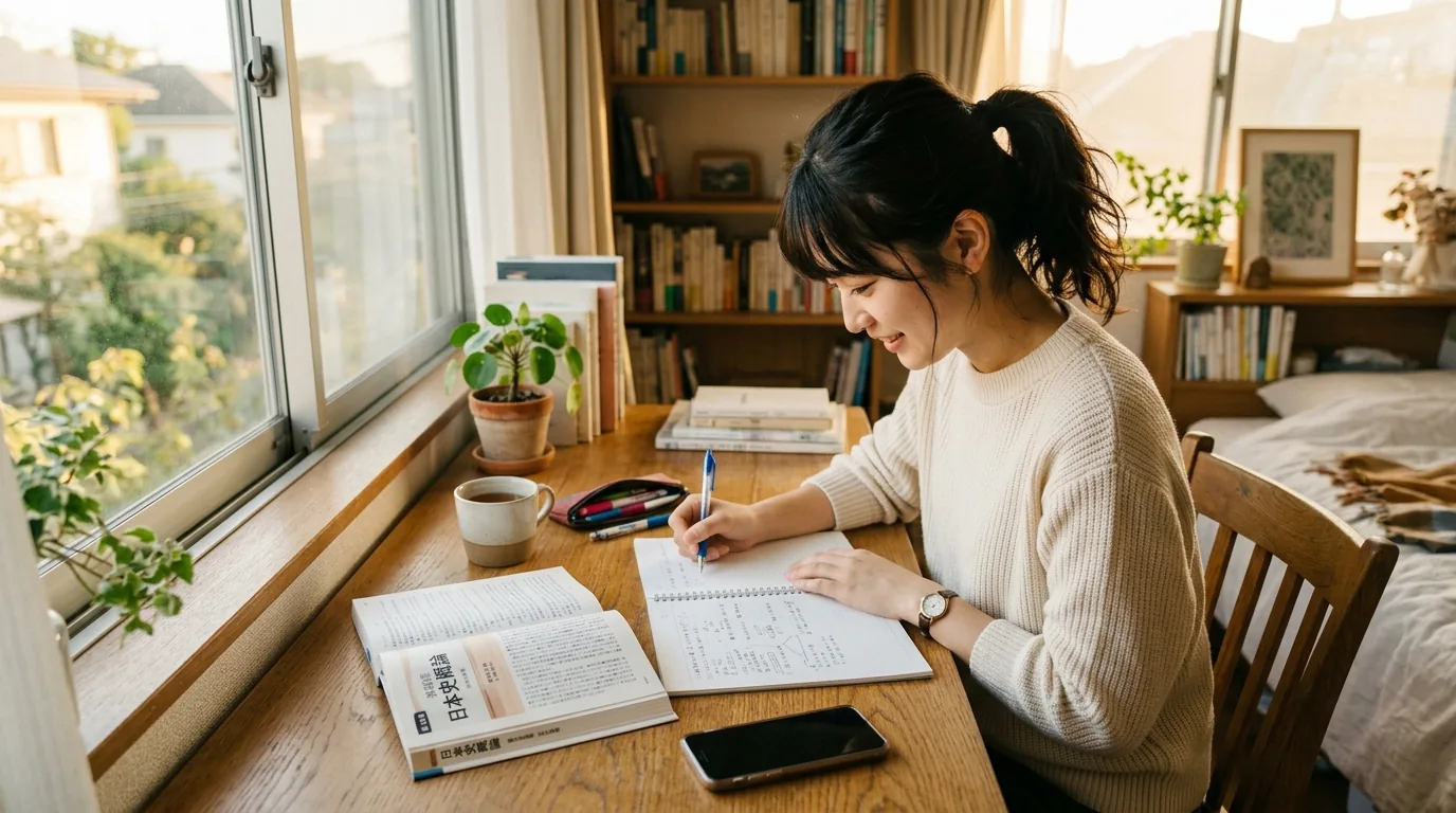 保育士試験の参考書とノートを開いて勉強する人の手元