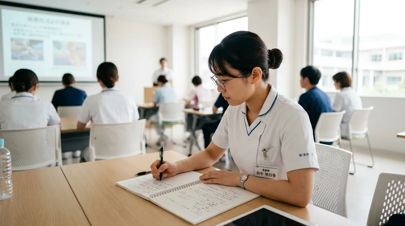復職に向けて看護の基礎をノートで復習する女性看護師